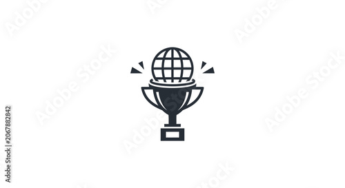 Dark Color Trophy Icon with Globe and Sparkle Stars on Isolated White Background