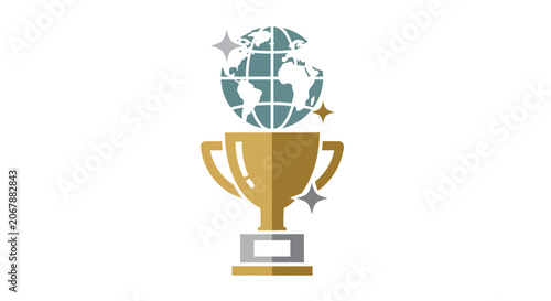 Golden Trophy Icon with Globe and Sparkle Stars on Isolated White Background