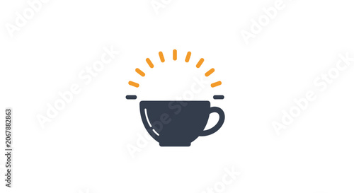 Stylized Coffee Cup Icon with Orange Radiating Lines on Isolated White Background