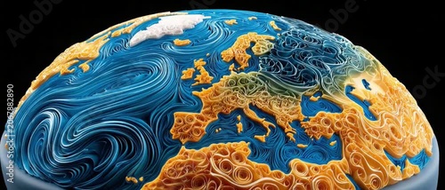 Artistic Globe: A stylized depiction of the Earth, highlighting Europe and Africa, rendered in a unique artistic style resembling swirling patterns of paint or fiber, set against a dark background.