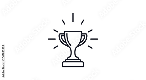 Outline Trophy Icon with Shining Rays on Isolated White Background