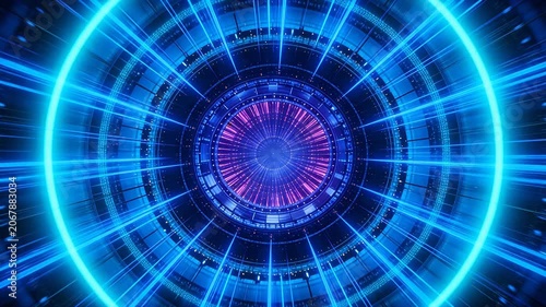 Sci fi ring tunnel with purple and blue light trails in deep space
