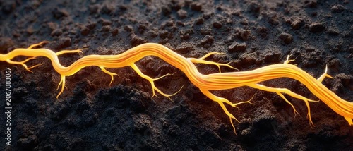 Electrical Discharge in Soil: A close-up, abstract view of a glowing orange electrical current branching through dark, textured soil, evoking power and energy flow.