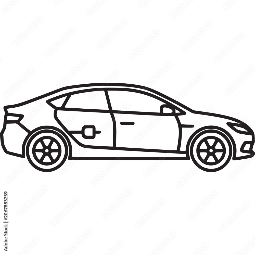 Fototapeta premium Car, vehicle, sedan, automobile, line art, black and white, illustration, icon, outline, simple design, transportation, travel