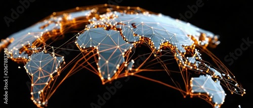 Global Network Connectivity: A stylized digital representation of the Earth, showcasing interconnected nodes across continents, symbolizing worldwide communication and technology networks.