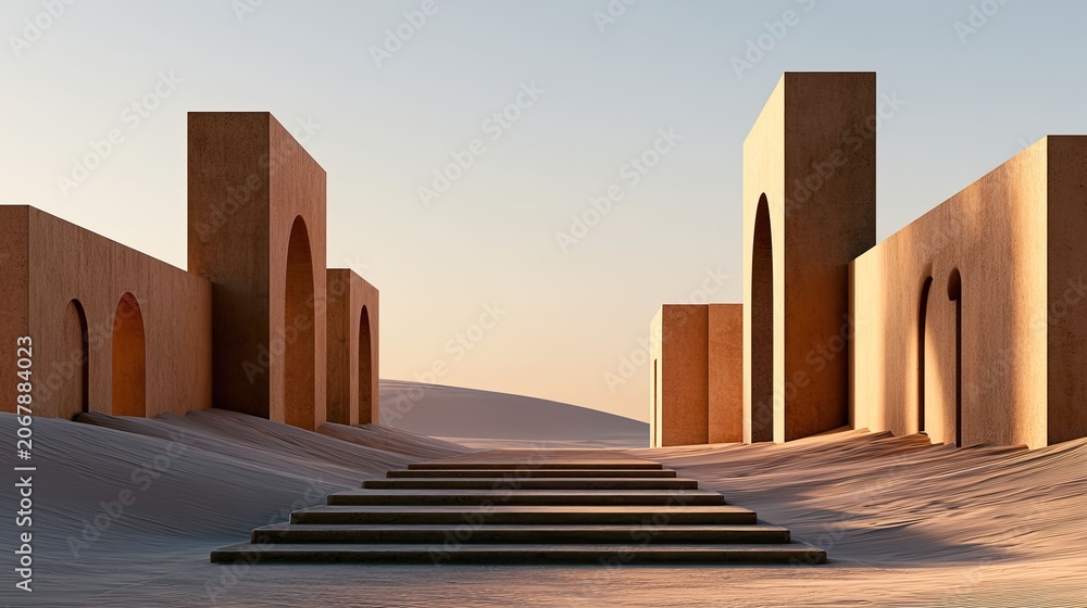 Fototapeta premium Modern Architectural Structures in a Desert Landscape at Sunset
