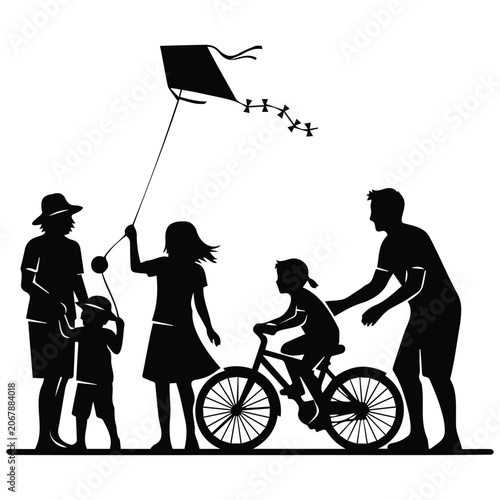 Happy family enjoying outdoor activities silhouette illustration in flat vector style.