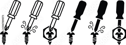 Foto Set of diverse screwdriver and screw tool icons illustrating repair assembly and
