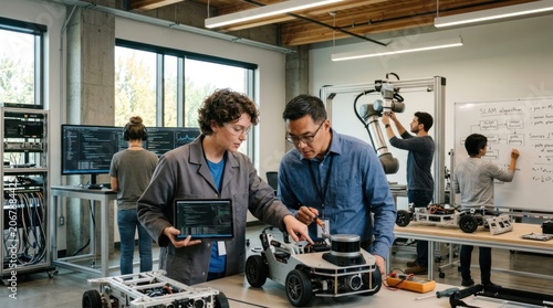 In a modern industrial setting, two individuals, a woman and a man, are engaged in a robotics project.