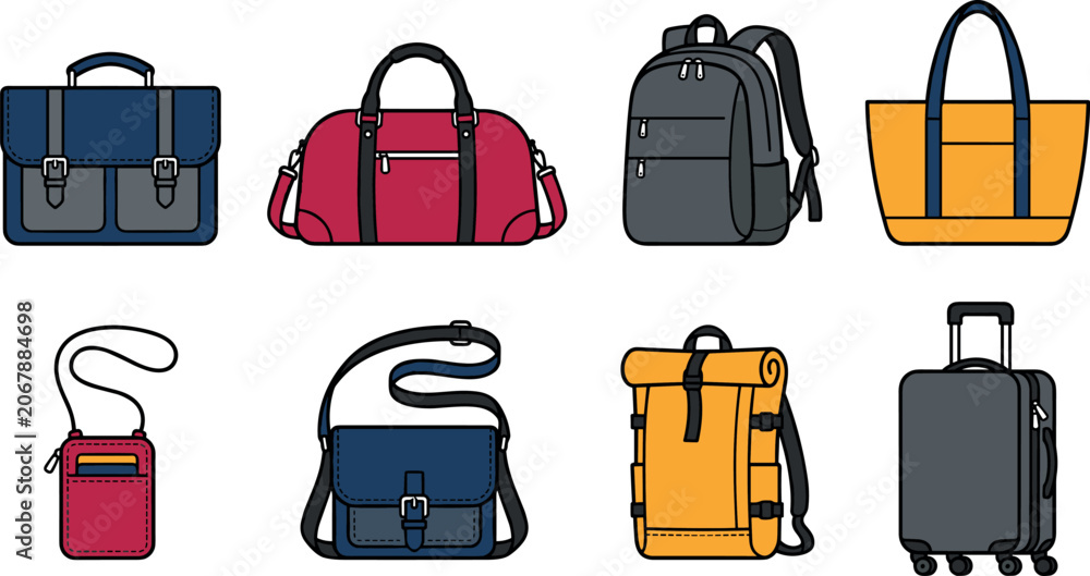 Fototapeta premium Vector linear icon set featuring luxury women handbags including shoulder purses clutches totes and top handle bags