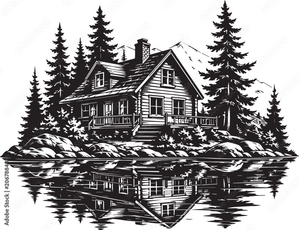 Naklejka premium Black and white illustration of a house on a lake shore surrounded by trees isolated on white background