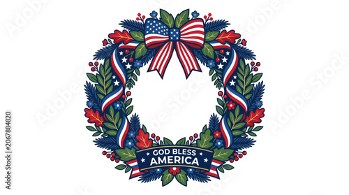 Obraz na plátně Patriotic wreath, American flag, red white blue floral vector, God bless America