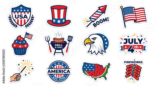 Slika na platnu Patriotic icons, USA Independence Day symbols, American flags, 4th July stickers