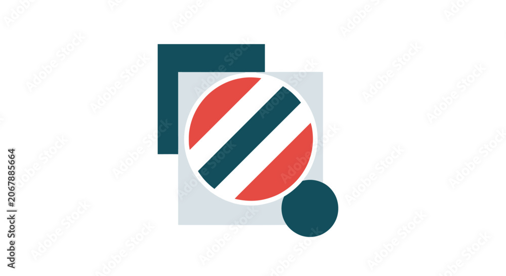 Naklejka premium Abstract geometric composition featuring a striped circle, square, and solid circular elements, representing modern design and balanced structure on an isolated white background.