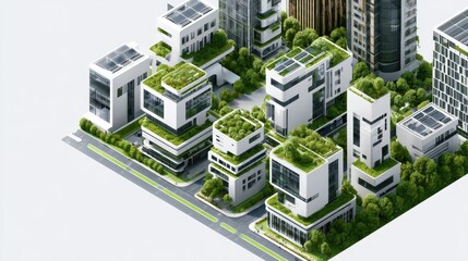 Modern urban office buildings with green rooftops in a business district