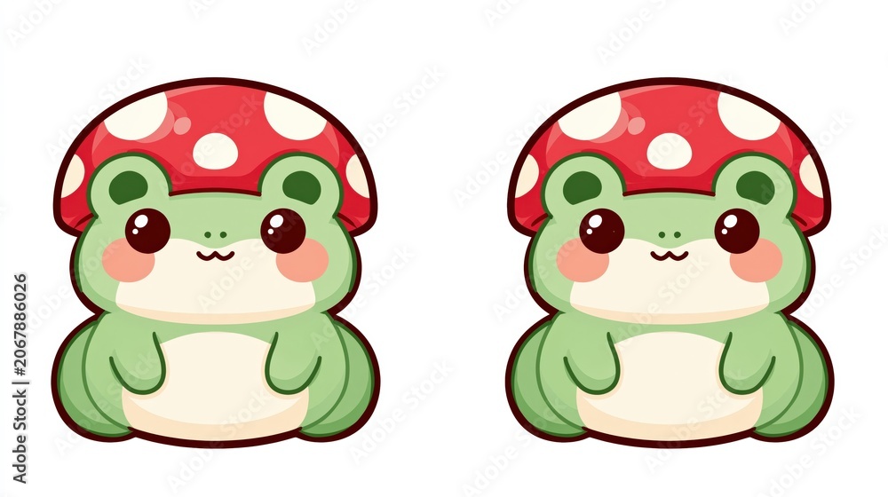 Obraz premium Adorable Kawaii Frogs with Red Mushroom Caps - Cute Cartoon Amphibian Duo