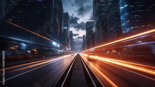 Night city street with tall buildings and orange car light trails