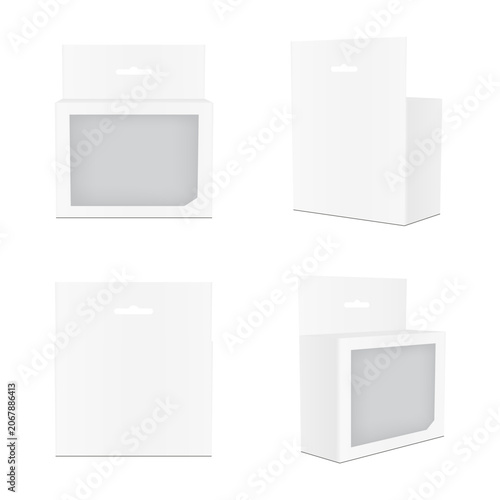 Blank packaging boxes mockups with hang tab and window in multiple views for branding and product presentation. Vector illustration