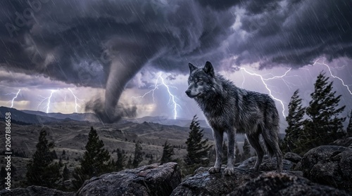 A lone wolf stands on rocky outcrofts amidst a tumultuous storm