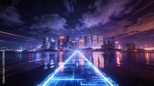 Futuristic night city skyline with glowing path and water reflections