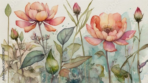 watercolor illustration, botanical art, transparent watercolor layers, ink outlines, fine art painting ai