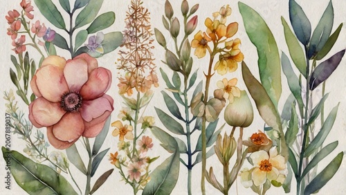 watercolor illustration, botanical art, transparent watercolor layers, ink outlines, fine art painting ai