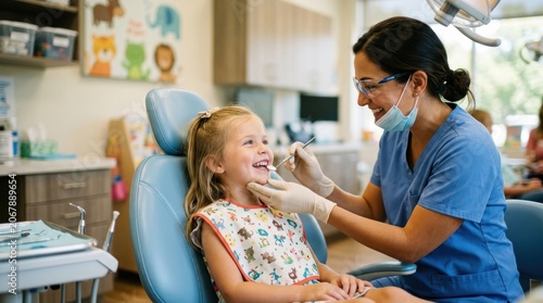 A female dentist examines a young girl’s teeth while the child sits in a dental chair. The scene captures a smiling child during a routine dental checkup in a pediatric clinic setting.