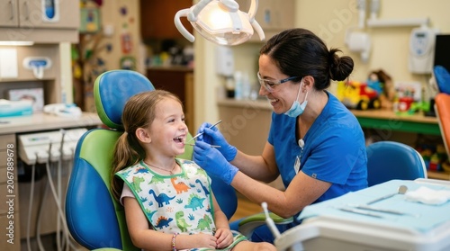 A female dentist examines a young girl’s teeth while the child sits in a dental chair. The scene captures a smiling child during a routine dental checkup in a pediatric clinic setting.