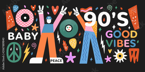 Billede på lærred Nineties Retro Pop Culture Collage Colorful Vector Illustration