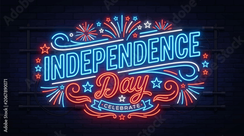 Independence day neon sign with fireworks patriotic american holiday celebration