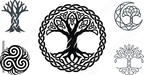 Photography Monochrome Celtic Tree of Life Collection Featuring Knotwork Symbols, Triskelion