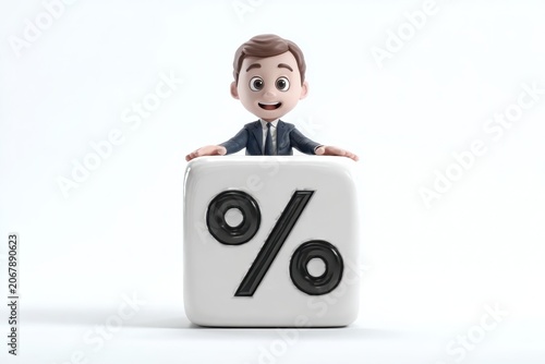 Cute 3D cartoon businessman character leaning on a big white cube with a black percentage symbol. Isolated on a plain background. Concept of interest rate, financial discount, and loan bonus