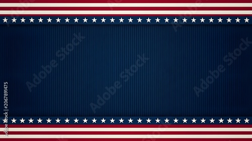 Patriotic background with american flag colors, red and white stripes and white stars on a blue textured center