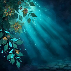 Fantasy Floral Illustration with Teal Leaves, Golden Flowers, and Magical Light Rays