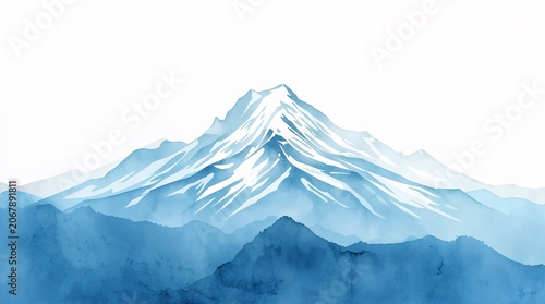 Snow-capped mountain peak with misty blue ranges in watercolor style serene landscape concept