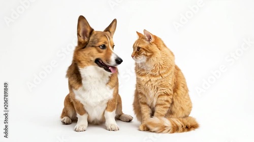 Corgi dog and ginger cat sitting together.