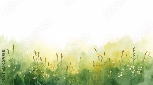 Wildflower meadow with wheat grass and daisies on soft watercolor wash background nature concept