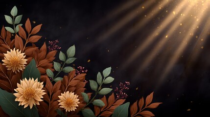 Elegant Floral Corner Design with Golden Light Rays on Dark Background, Autumnal Tones