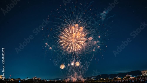 Night sky fireworks display over the city.