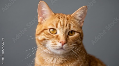 Orange tabby cat portrait on gray background