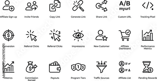 Obraz na plátne Vector solid icon set of affiliate marketing tracker elements referral dashboard
