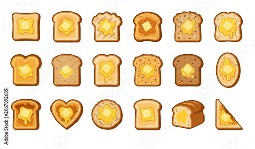 Fotografi Butter Toast Icon Set Flat Vector Illustration with Bread Slice Breakfast Clipar