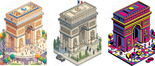 Tableau sur toile Isometric Arc de Triomphe Illustration Set in Realistic, Classic, and Colorful P