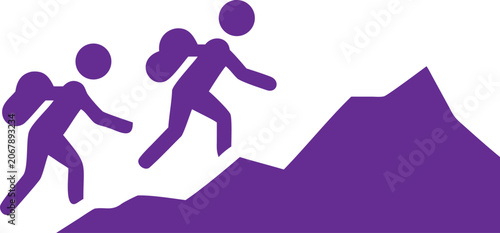 Fotografía Two purple showing hikers with backpacks climbing up a steep mountain slope on a