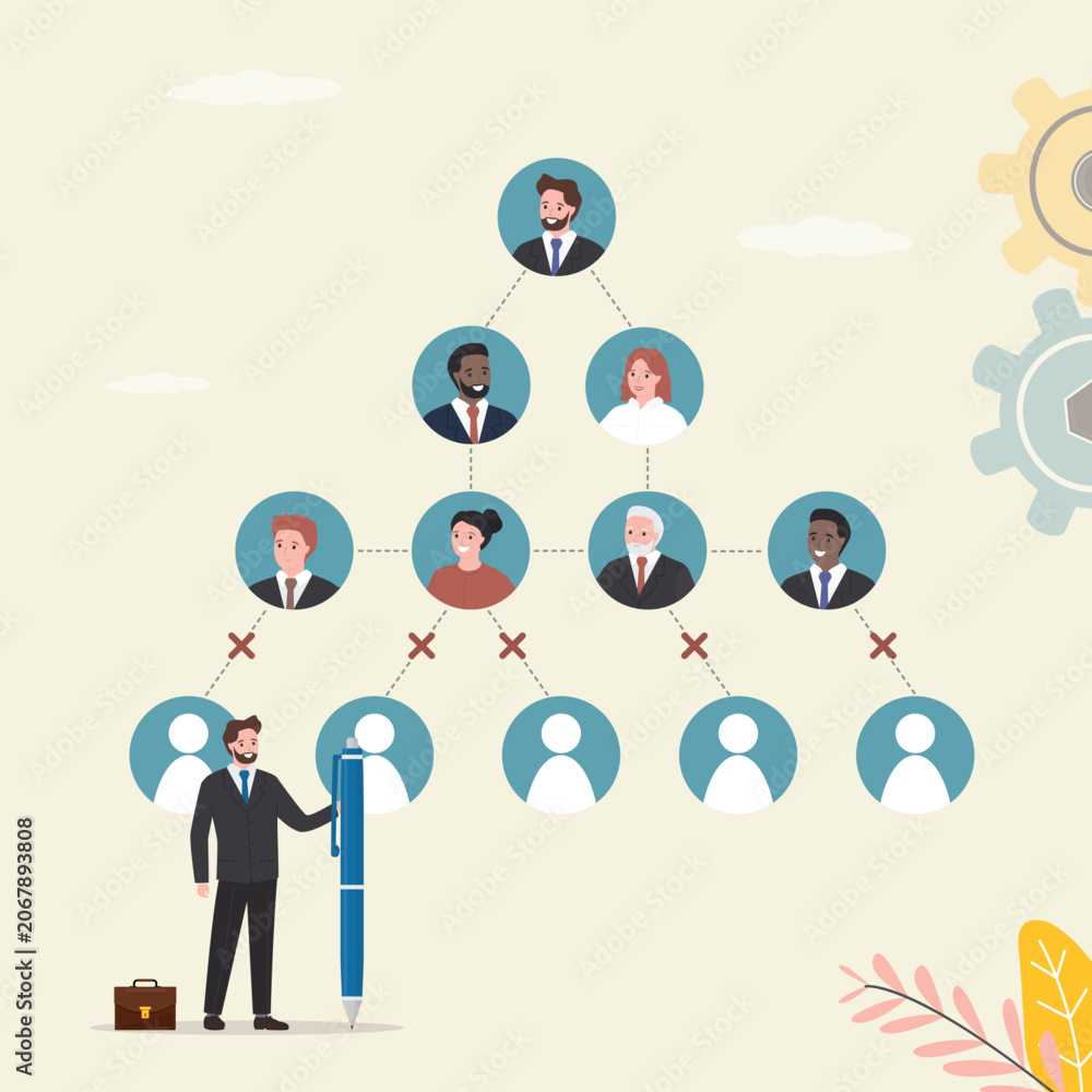 Fototapeta premium Boss businessman using pen to draw cross sign to reduce work from organizational chart. Reduction or dismissal of employee concept, contract termination, layoff of workforce,