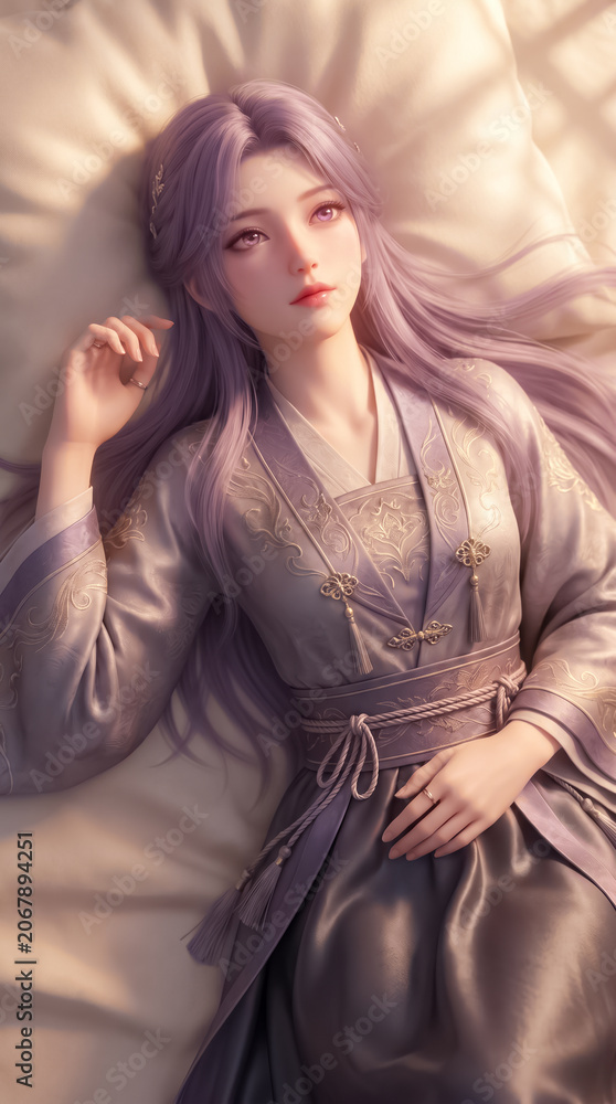 Fototapeta premium Beautiful young woman with long purple hair wearing traditional silk robes lies peacefully resting on a soft white fabric surface