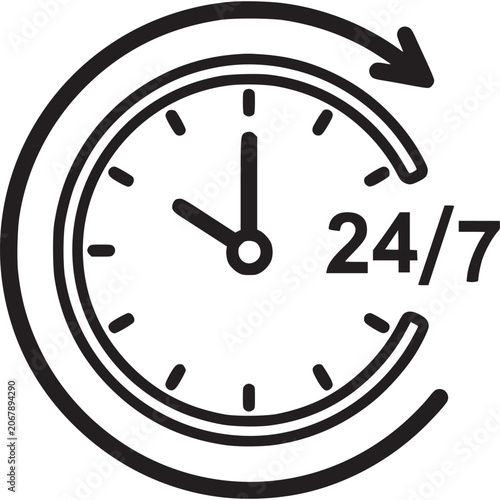 Clock with 24-7 symbol on white.