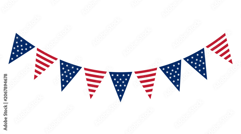 Obraz premium Patriotic bunting flags, American flag pennants, red white blue decorations, Independence Day garland