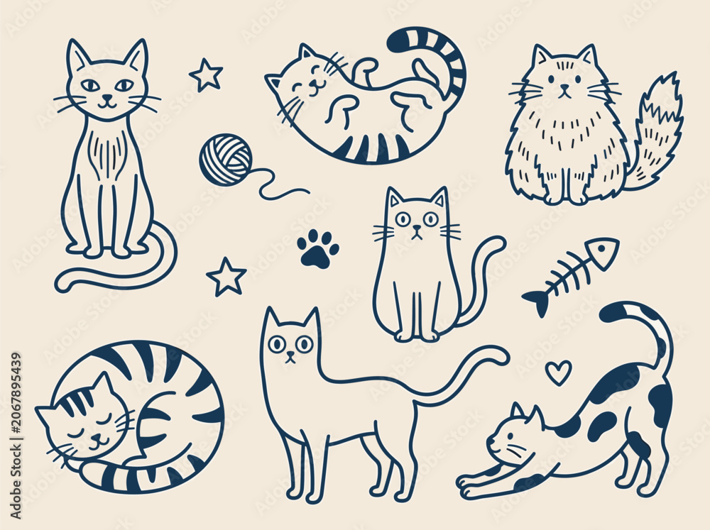 Fototapeta premium Adorable Hand-Drawn Cat Vector Illustrations Set Featuring Playful Felines, Sleeping Kittens, and Cute Pet Accessories in Minimalist Line Art Style for Creative Graphic Design and Branding