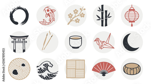 Japanese Zen symbols vector icon set with enso circle koi fish cherry blossom bamboo torii gate origami crane tea cup moon and meditation elements isolated on white background